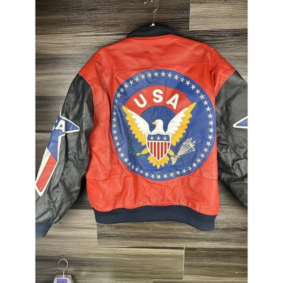 Vintage USA Michael Hoban Mens Patrotic Leather Bomber Jacket WHEREMI 1991 XL - Picture 2 of 7